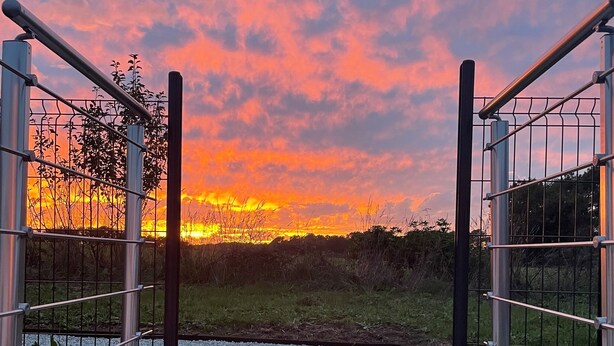Une terrasse en bois avec des rampes en métal qui mène à une zone herbeuse, avec un coucher de soleil en arrière-plan.