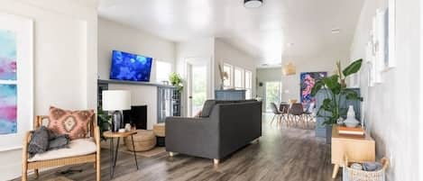 Smart TV, fireplace, books