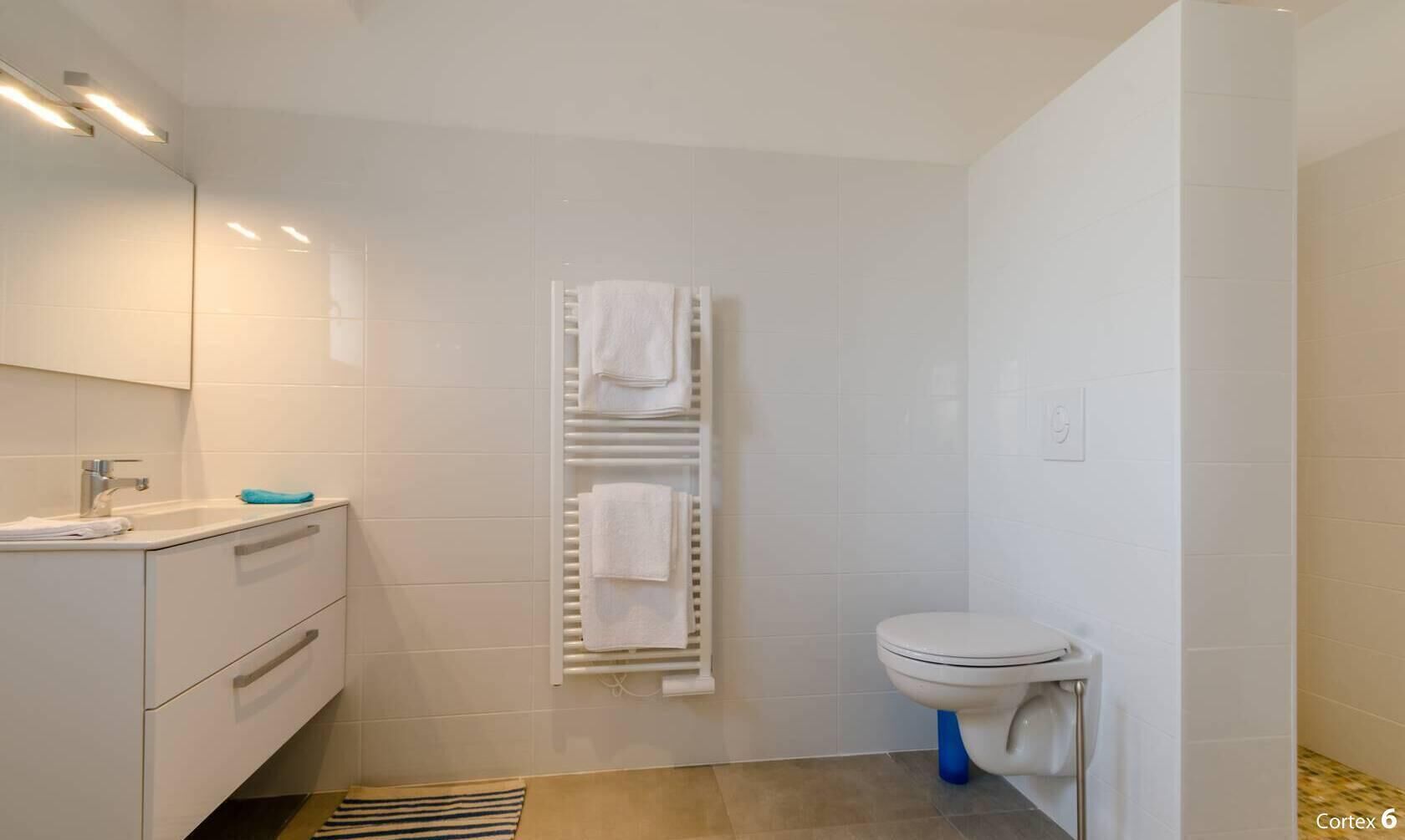 A modern bathroom with a white sink, mirror, and toilet. There is a towel rack with multiple towels and a striped rug on the floor.