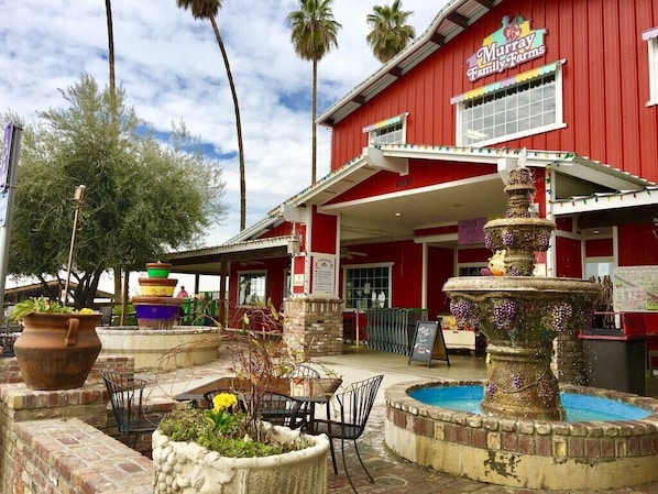 A red building with a sign reading "Warren Family Farms."