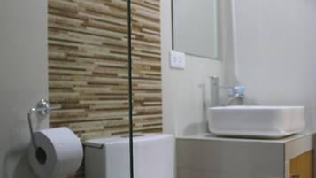 Shower, rainfall showerhead, heated floors, towels