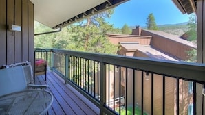 Eine Holzterrasse mit Metallgeländer, einem Korbstuhl und Blick auf ein Wohngebiet mit Häusern und Bäumen.