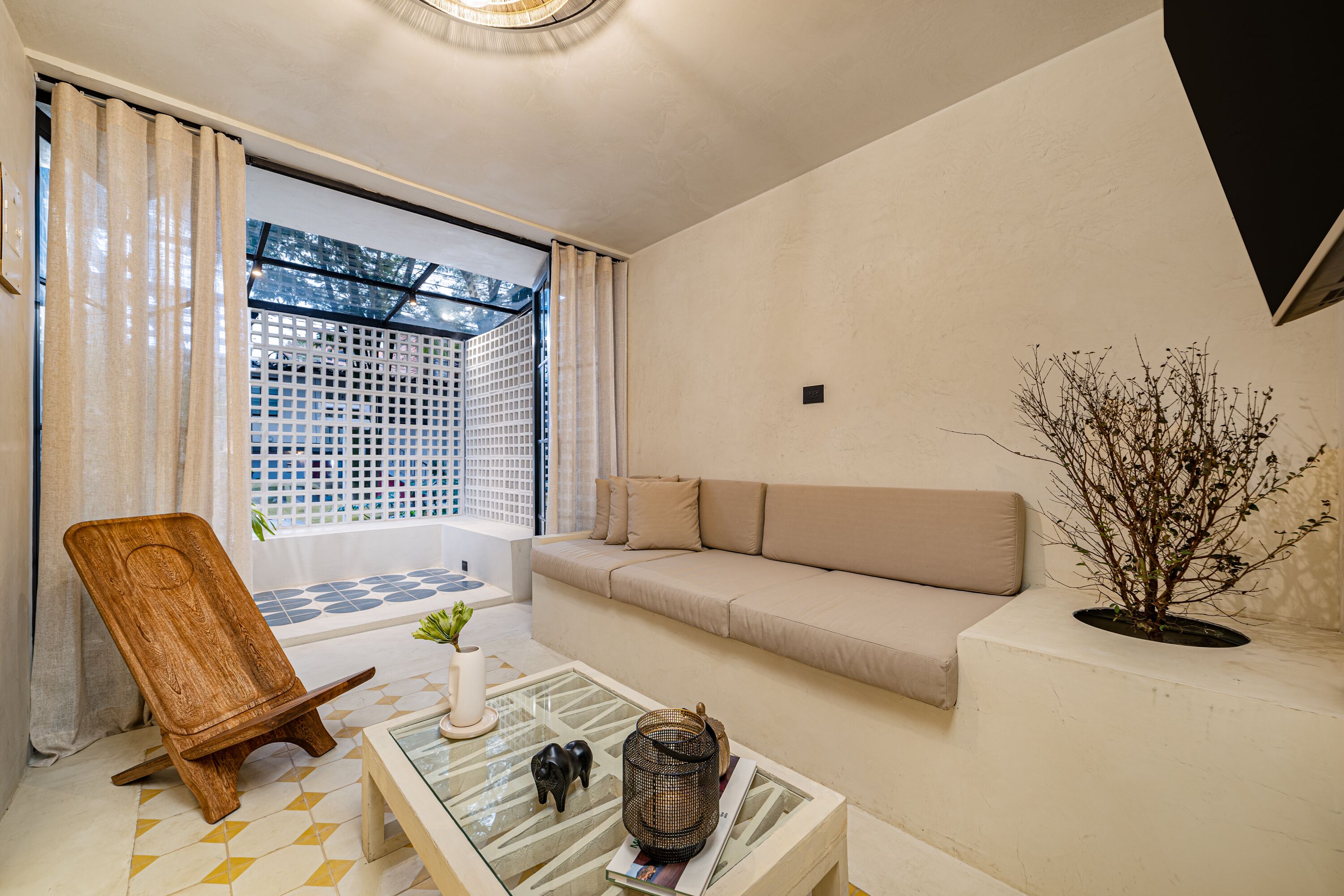 Un salon moderne avec un canapé, une chaise en bois, une table basse en verre et une plante en pot.