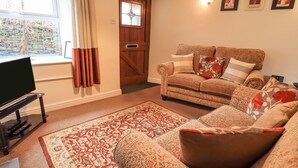 A living room with a patterned sofa, a television on a stand, a large rug, and a door with a window. - Hideaway Cottage (Ambleside)
