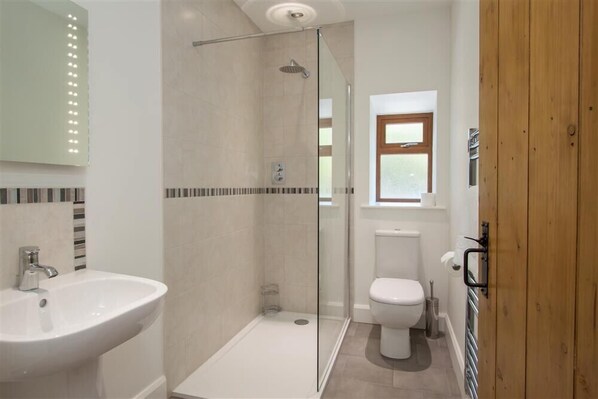 A modern bathroom with a glass-enclosed shower, a white sink, and a toilet.