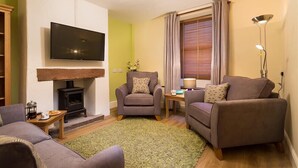 A living room with a fireplace, a television, and two sofas. - The Cats Bield (Keswick)