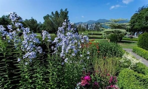 Un jardín con diversas plantas y flores, un sendero y un edificio al fondo.