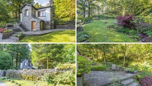 A stone house with a wooden door, surrounded by a lush garden with a bench and a stone pathway. - Brooklands (Ambleside)
