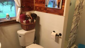 Shower, hair dryer, towels, toilet paper