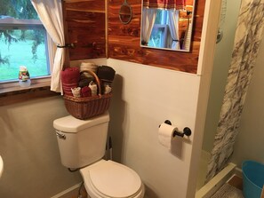 Shower, hair dryer, towels, toilet paper