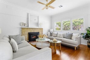 TV, fireplace, books