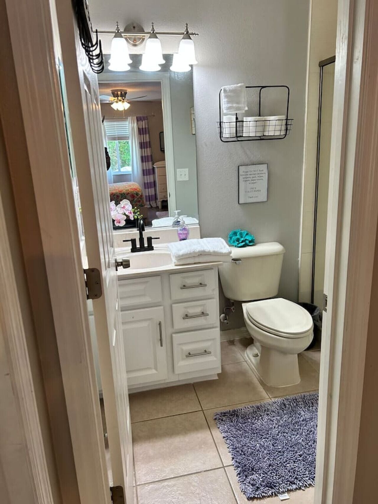 Une salle de bain avec des toilettes, un lavabo et un miroir. Il y a un tapis bleu sur le sol et une affiche accrochée au mur.