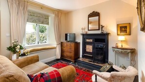 Una habitación acogedora con chimenea, televisión y ventana con cortinas.