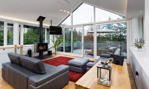 Een moderne woonkamer met een open haard, leren bank en een grote glazen deur die leidt naar een buitenruimte.