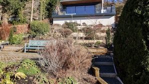 Una casa moderna con un ventanal grande, rodeada de un jardín con diversas plantas y un banco de madera.