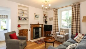A living room with a fireplace, bookshelves, a television, and two sofas. - Jessicas Cottage (Windermere)