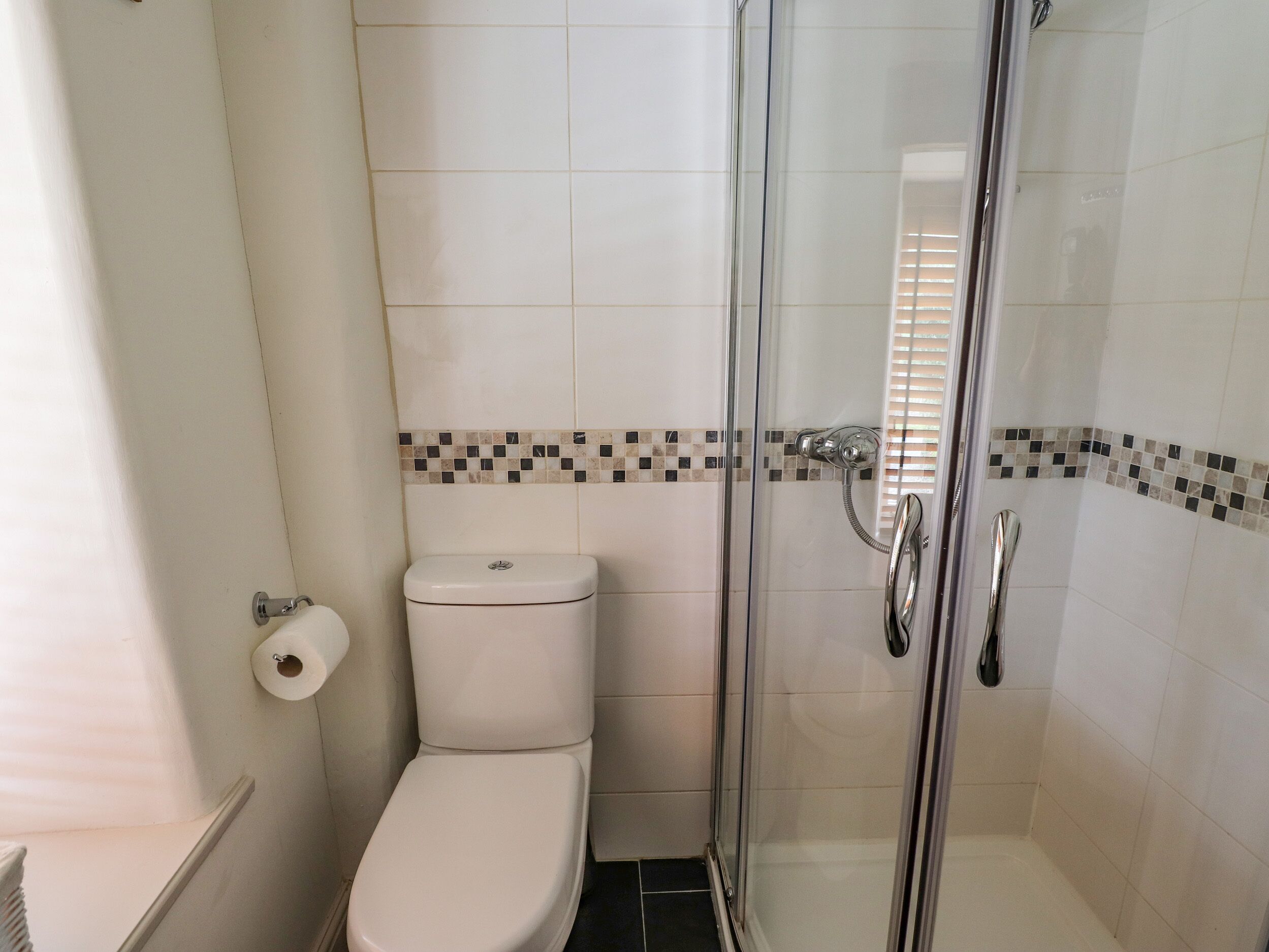 Un baño con inodoro, cabina de ducha de vidrio y pared revestida de azulejos con diseño a cuadros.