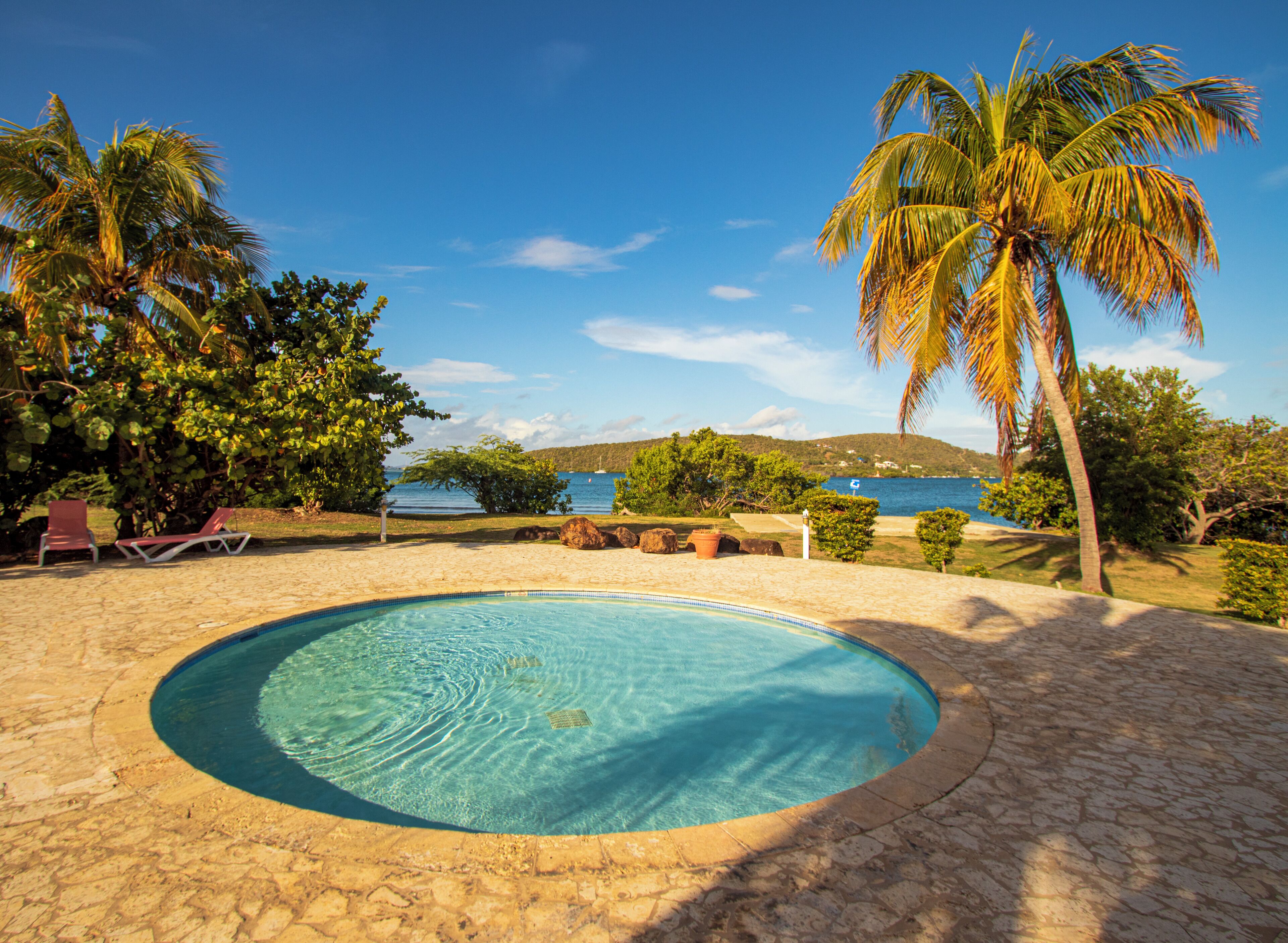 A swimming pool with a clear blue center, surrounded by a stone patio, palm trees, and a view of the sea and hills in the background.