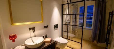 Shower, hair dryer, towels