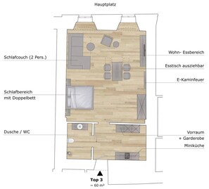Hotellihuoneen pohjaratkaisuun kuuluu oleskelutila, ruokailutila, makuuhuone, jossa on parivuode, erillinen WC ja pieni keittiö.