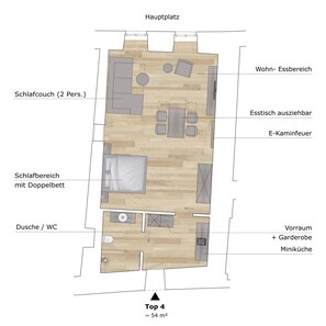 A floor plan of a hotel room with a living area, a double bed, a small kitchenette, and a bathroom. - Apartment "Gasthof Alte Post - Top 4 Commodore" (Gmünd in Kärnten)