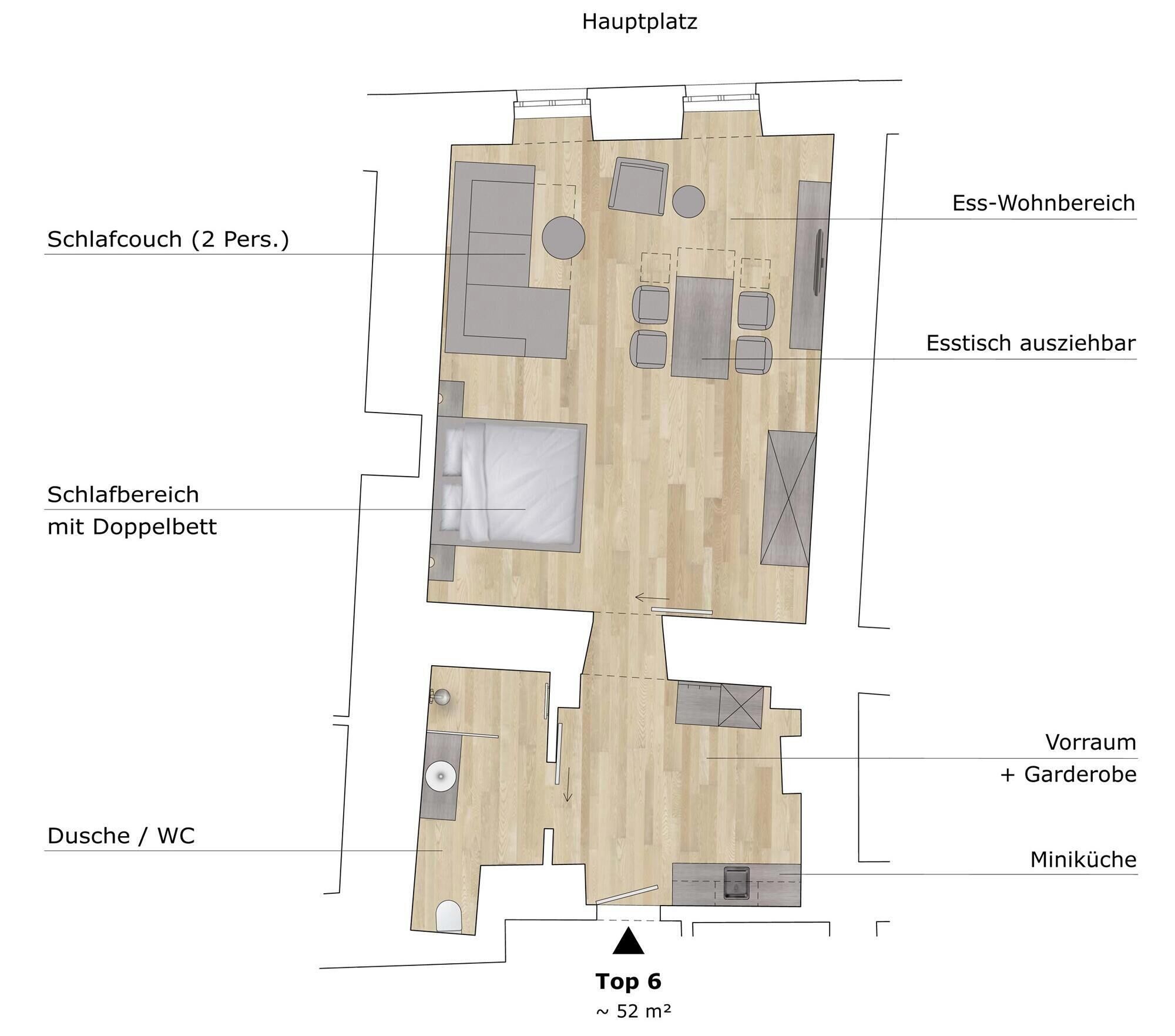 A hotel layout with a Hauptplatz, Ess-Wohnbereich, Schlafcouch, Schlafbereich with Doppelbett, Dusche/WC, Voraum, Garderobe, and Miniküche.