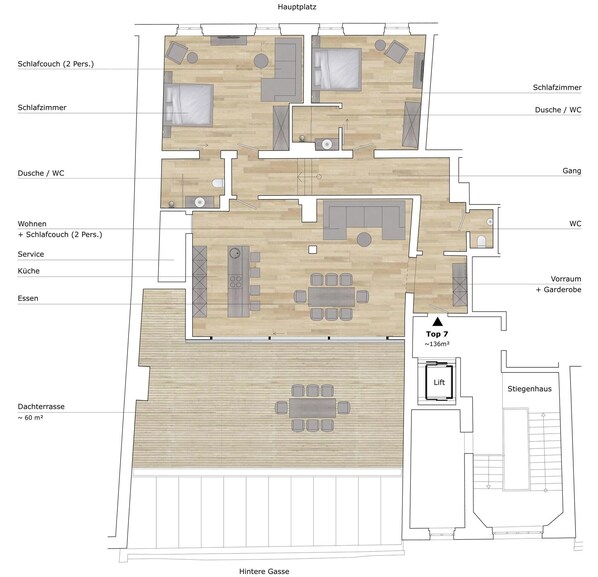 A hotel floor plan with a main living area, dining room, kitchen, two bedrooms, a bathroom, and a small garden area.