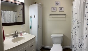 Combined shower/bathtub, hair dryer, towels, soap