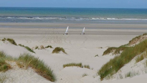 Una playa con dunas de arena y dos tablas de windsurf blancas.