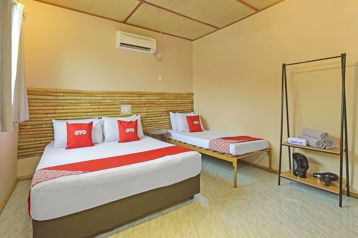 A hotel room with two beds, a wooden headboard, an air conditioning unit, a mirror, and a shelf with a hairdryer and a bottle.