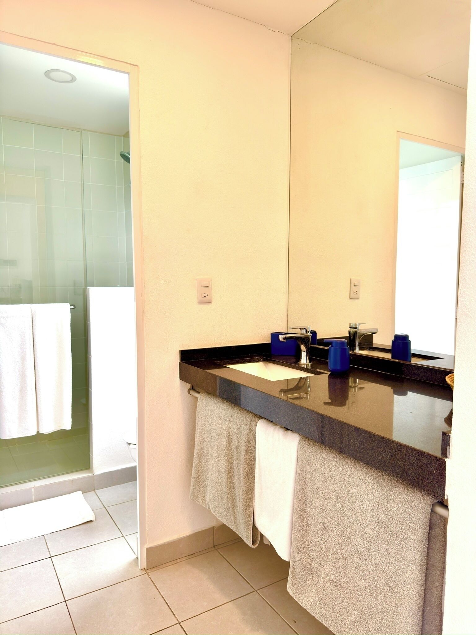 Un baño con cabina de ducha de vidrio, lavamanos con espejo y dos toallas.