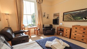 A cozy room with a bed, a leather sofa, a desk, a chair, and a TV. - Easedale (Ambleside)