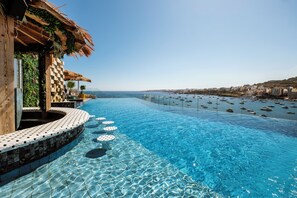 Indoor pool, seasonal outdoor pool, pool umbrellas, pool loungers