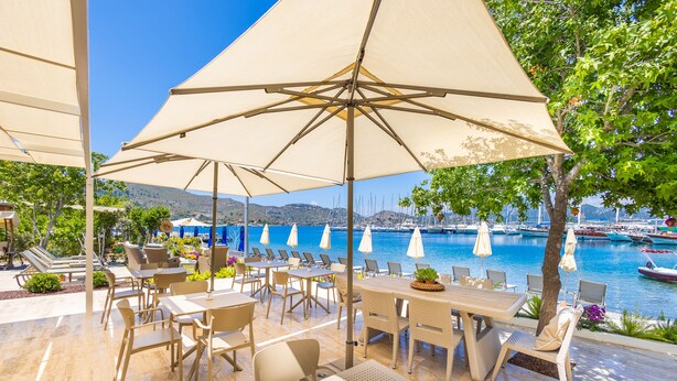 An outdoor seating area with tables and chairs, large umbrellas, and a view of a marina with boats. - BASE Selimiye (Marmaris)