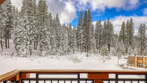 A snowy forest with a wooden deck and a small building.