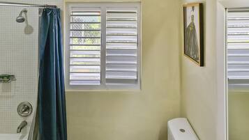 A bathroom with a shower, a window with blinds, a toilet, and a framed picture on the wall.