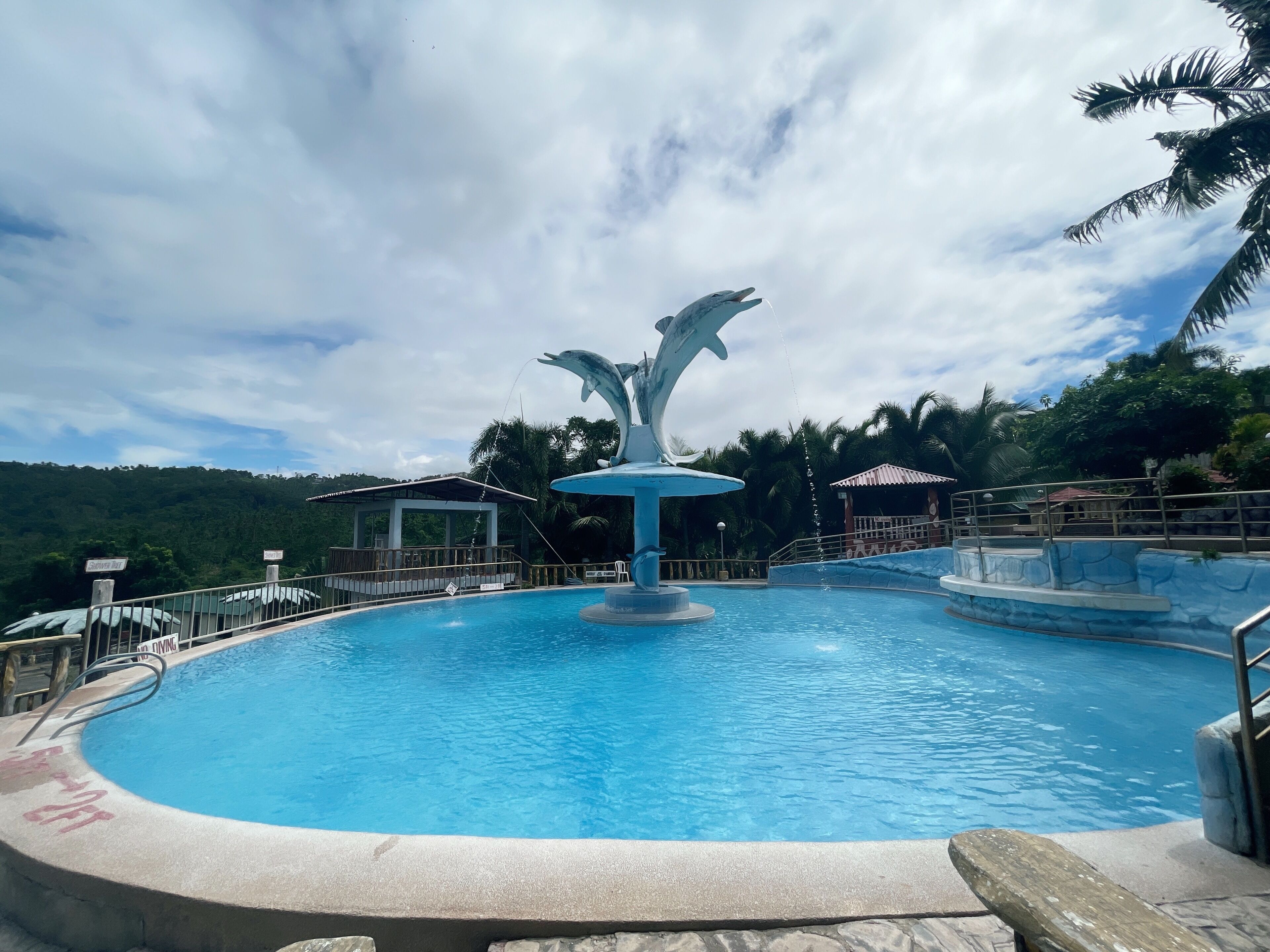 A swimming pool with a dolphin fountain, surrounded by palm trees and a view of a hilly landscape.