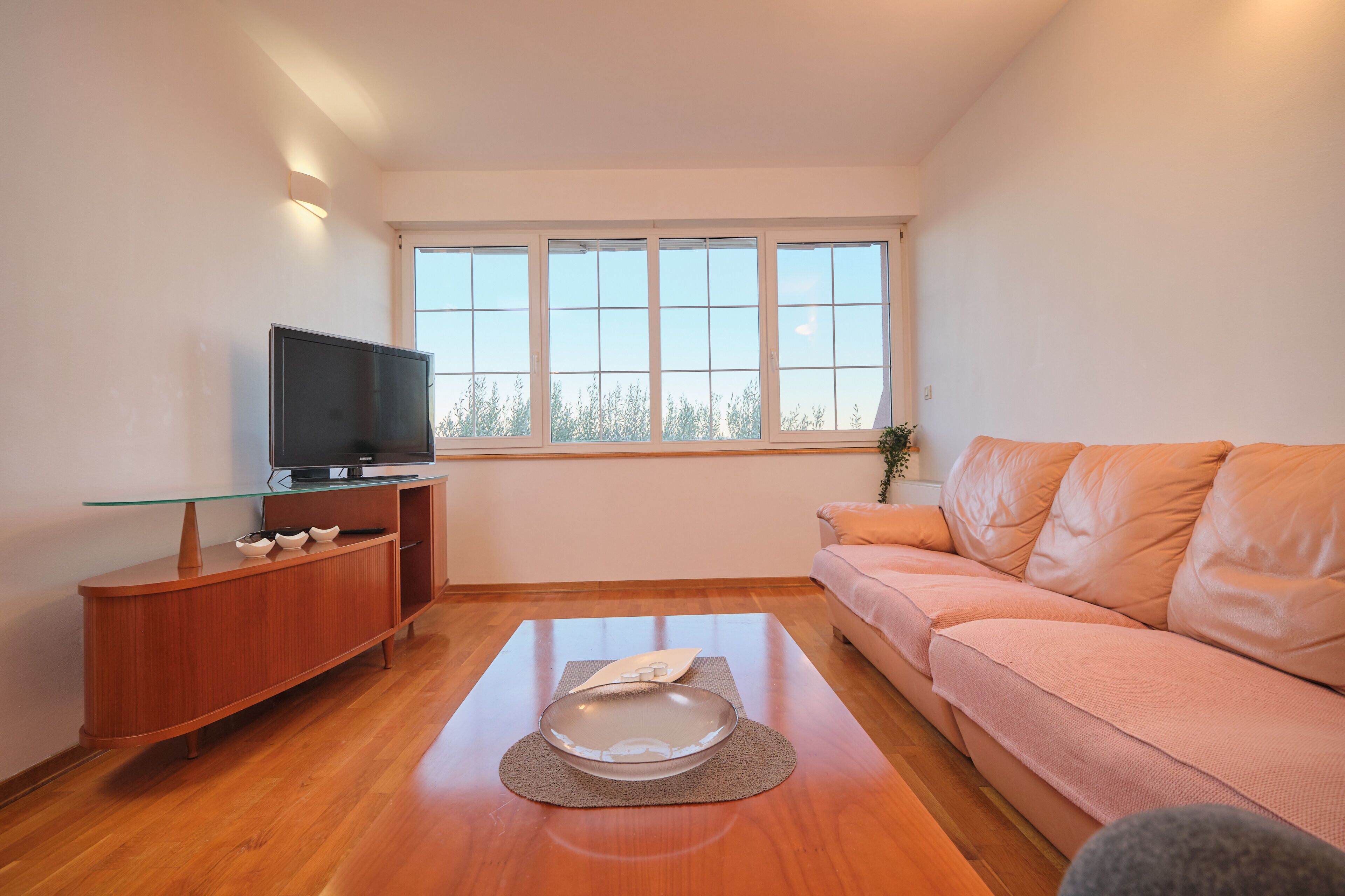 Un soggiorno moderno con una TV a schermo piatto su un mobile in legno, un tavolino da caffè con piano in vetro, un divano rosa e un'ampia finestra con vista sugli alberi.