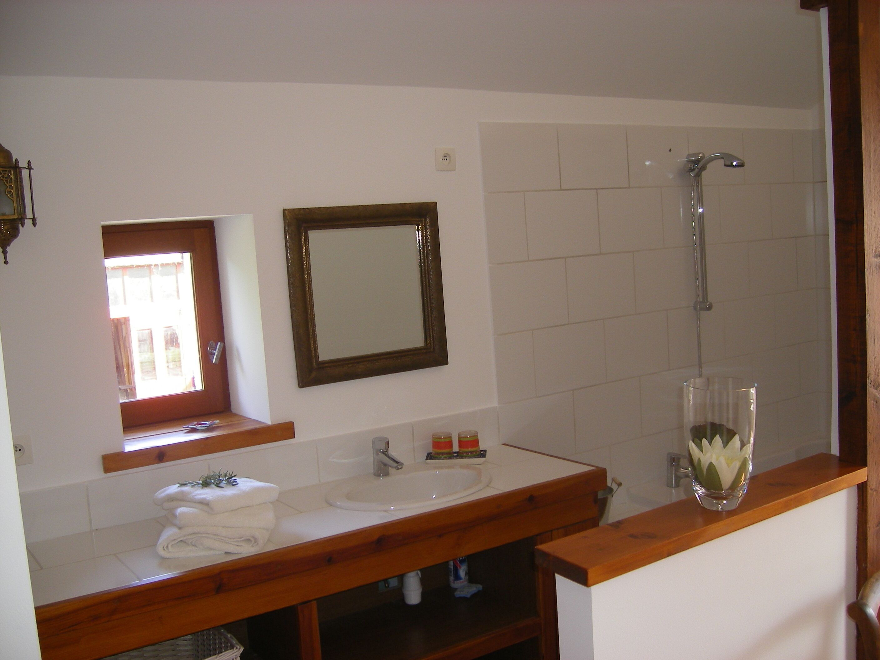 A bathroom with a wooden vanity, a sink, a mirror, and a shower.