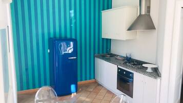 Een koelkast, een oven, een kookplaat, een vaatwasser