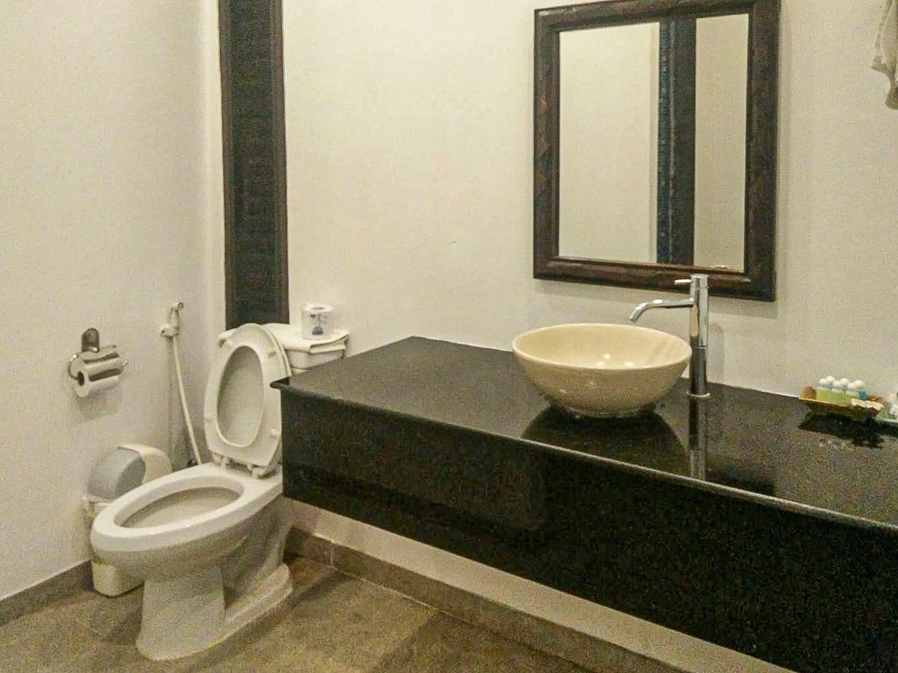 Een badkamer met toilet, wastafel en spiegel.