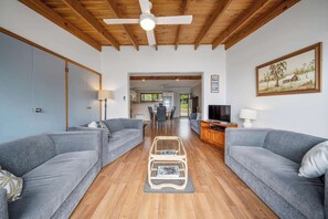 Televisión, chimenea, reproductor de DVD