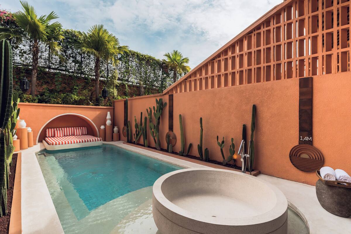 A pool area with a seating area, a hot tub, and a wall decorated with cacti.