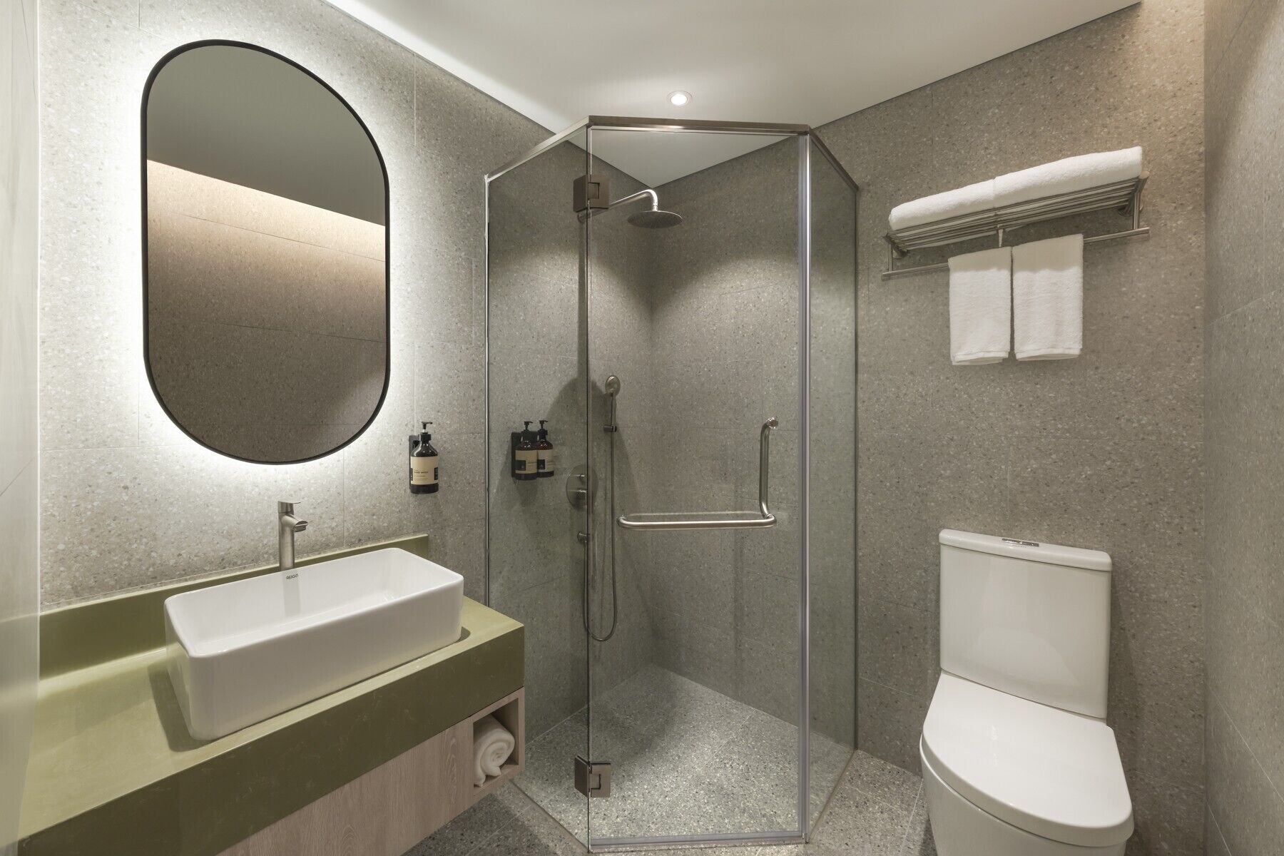 A modern bathroom with a glass-enclosed shower, a sink, and a toilet.