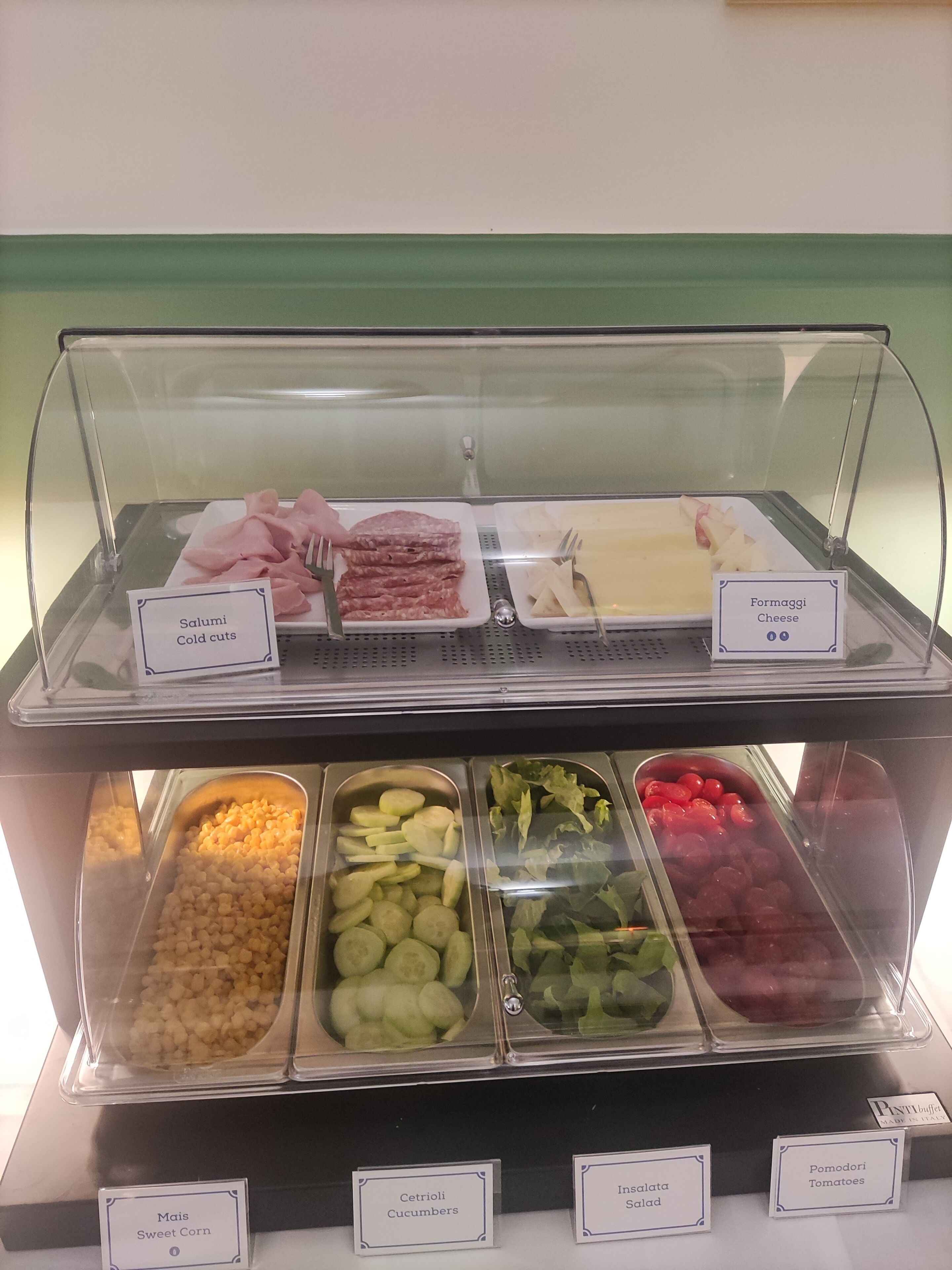 A food display case with various cold cuts, cheeses, and vegetables.