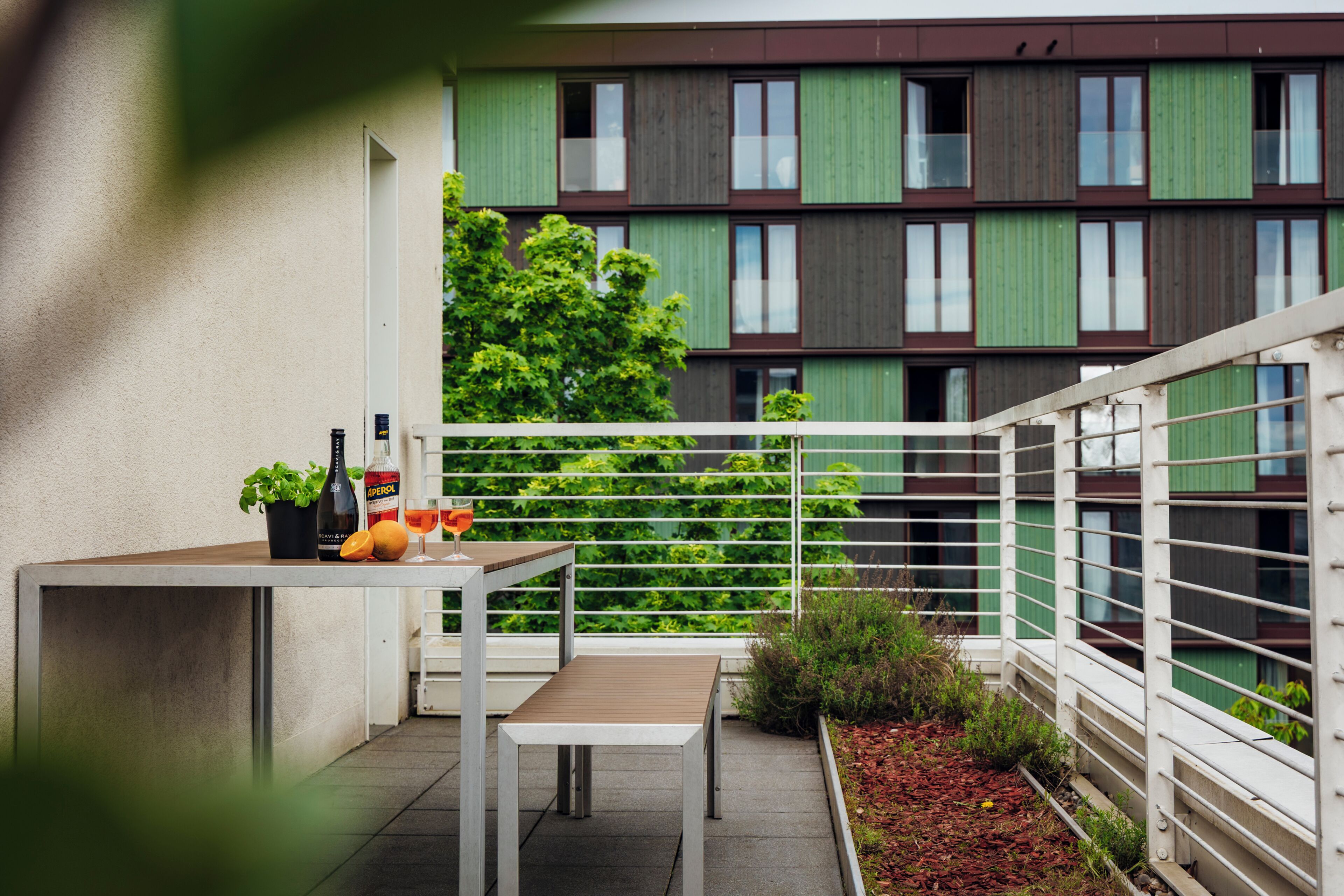A balcony with a table, chairs, a potted plant, and a bottle of Aperol.