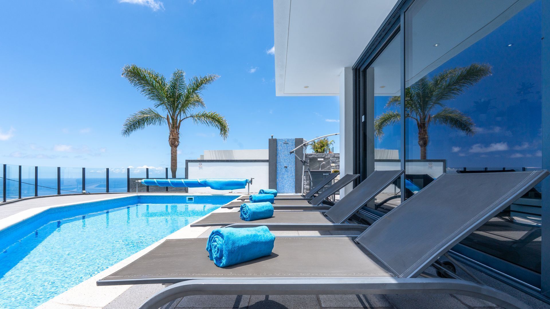 A rooftop pool with lounge chairs and towels, palm trees, and a view of the ocean.