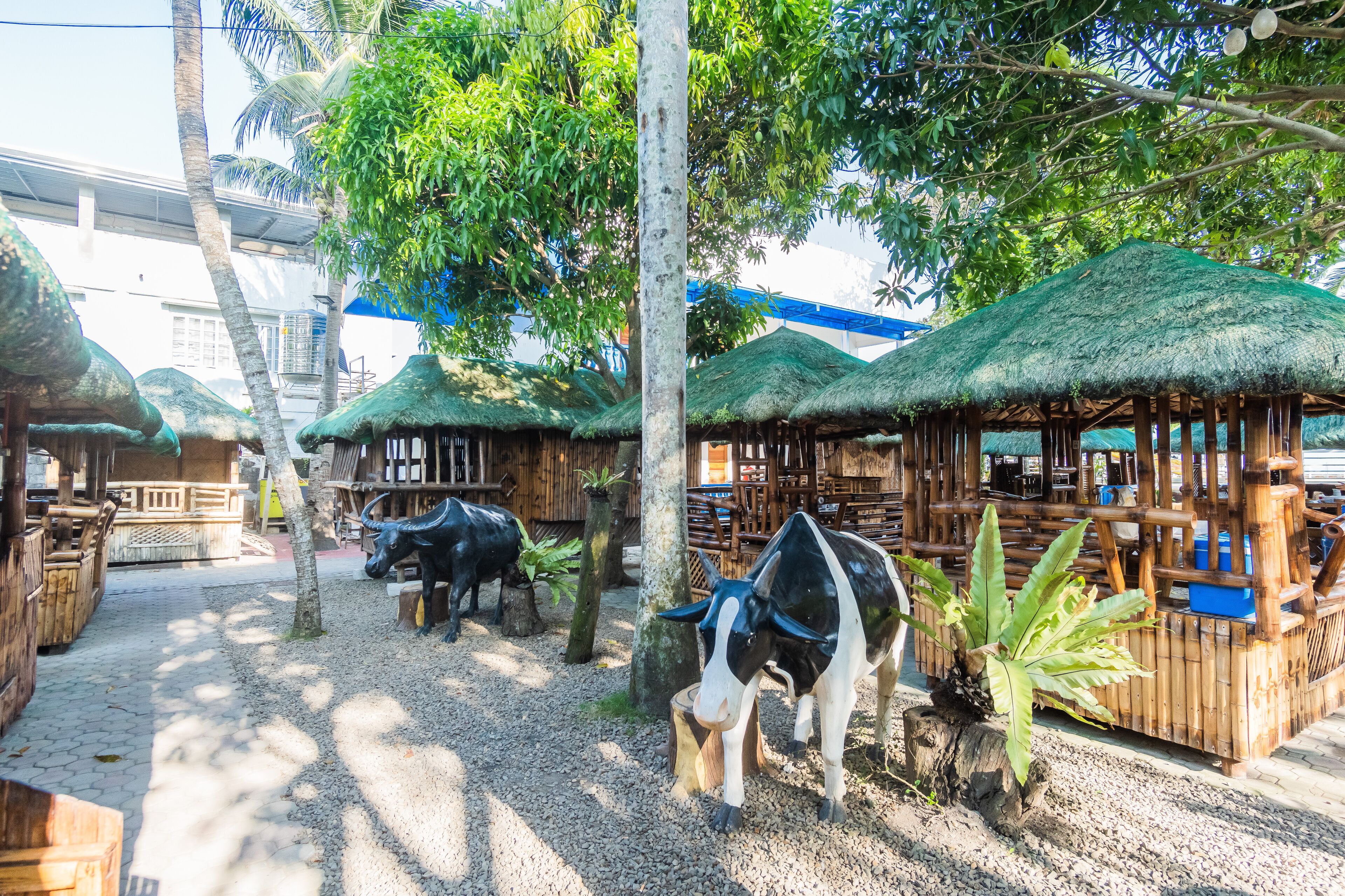 A rustic outdoor area with thatched-roof huts, wooden benches, and a black and white cow statue.