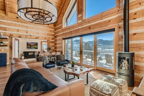 Smart TV, fireplace, books, printers