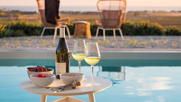 Een tafel met een fles wijn, twee glazen, schalen met fruit en een kurkentrekker bij een zwembad, met stoelen op de achtergrond.